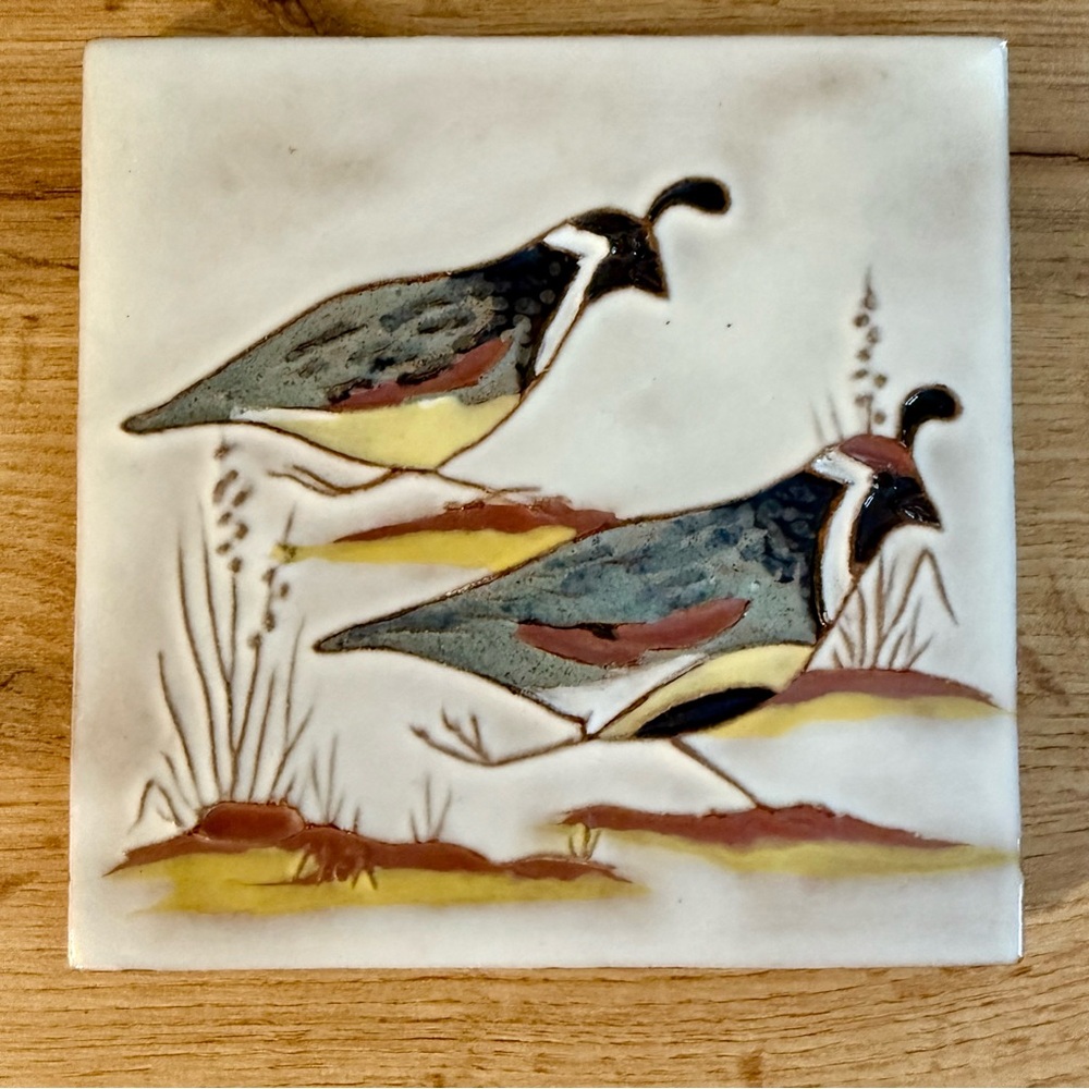 McKusick Art Pottery Tile Navajo Nation Artist Signed 1977 MCM VTG Quail Birds